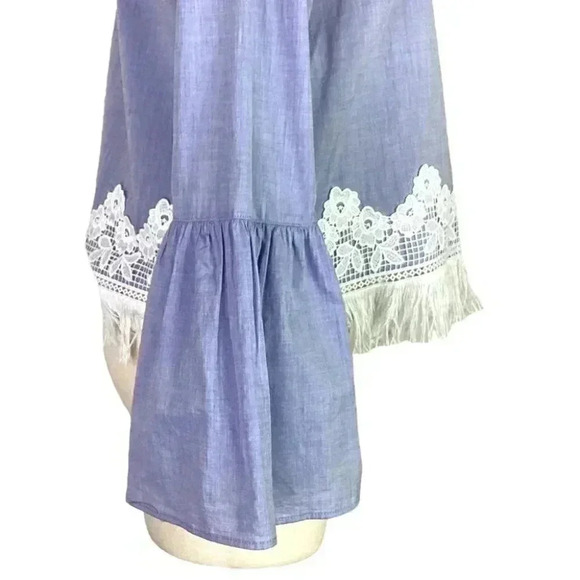 T Tahari Women M Lace Fringe Top Blue Relaxed Cotton Bell Cuff Sleeve Keyhole - Picture 5 of 8